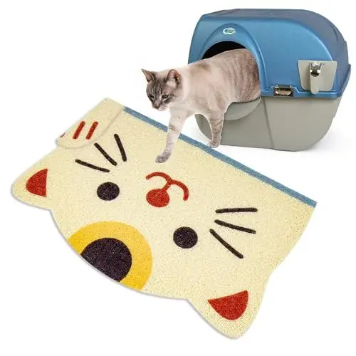 Produktbild: Katzenklo Matte Katzenstreumatte, Wasserdicht ＆ Rutschfest PVC Streumatte Katzenklo, Katzenkopf Design Vorleger für Katzentoilette, Sanft für Pfoten, 40x60 cm, Beige