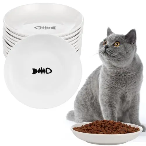 Produktbild: 10 Stück breite und flache Katzenteller zur Linderung von Schnurrhaar, 15 cm, Keramik-Futternapf mit niedlichem Fischgräten-Design, Nass- und Trockenfutterschalen für Kätzchen, Katzen, Welpen