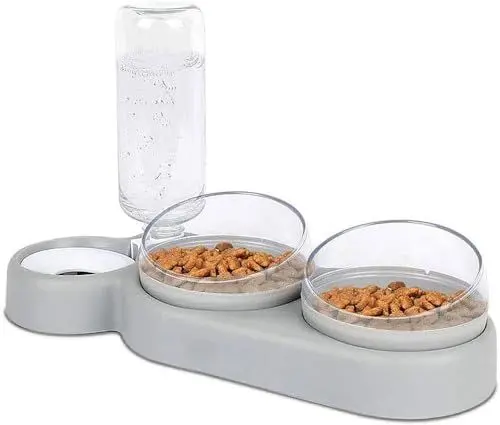 Produktbild: Katzennapf-Set 15° Neigbar Doppelter Futternapf für Nass- Trockenfutter, mit Automatischer Wasserflasche, für Kleine und Mittelgroße Hunde und Katzen