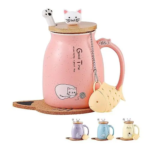 Produktbild: Katzen-Tasse Süße Keramik Kaffeetasse mit deckel,Edelstahl Löffel, Neuheit Morgen Cup Tee Milch Weihnachten Becher Geschenk Teetasse mit Deckel und Sieb Geschenke für Frauen380ML (Rosa)
