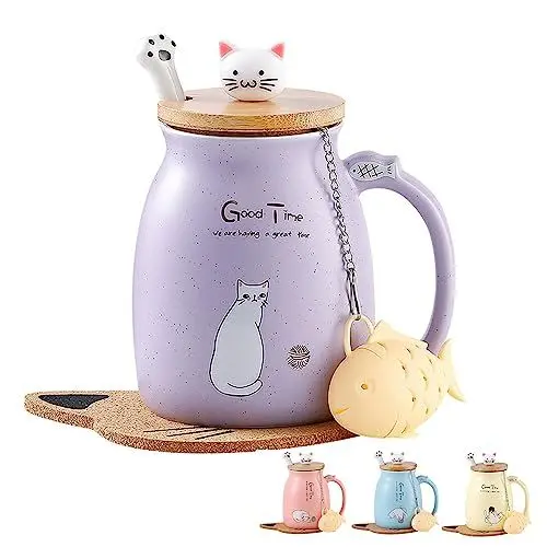 Produktbild: Katzen-Tasse Süße Keramik Kaffeetasse mit deckel,Edelstahl Löffel, Neuheit Morgen Cup Tee Milch Weihnachten Becher Geschenk Teetasse mit Deckel und Sieb Geschenke für Frauen 380ML