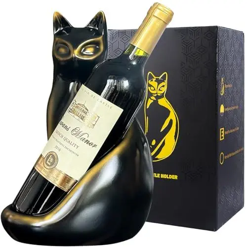 Produktbild: Katzen-Weinflaschenhalter Dekorativ, Tisch-Weinregale Arbeitsplatte, Katzen-Dekor Weinstand Geschenke für Weinliebhaber, Katzenskulptur Wasserflaschen Organizer für Schrank, Schwarzes Flaschenregal
