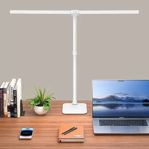 Produktbild: Kaulsoue Schreibtischlampe Led Dimmbar,Doppelkopf Schreibtischlampen with Base,24W 80cm 1500Lumen Tischlamp,Augenpflege 5 Farbe 5 Helligkeit,mit Tischplatte,Arbeit,Haus,Büro weiß