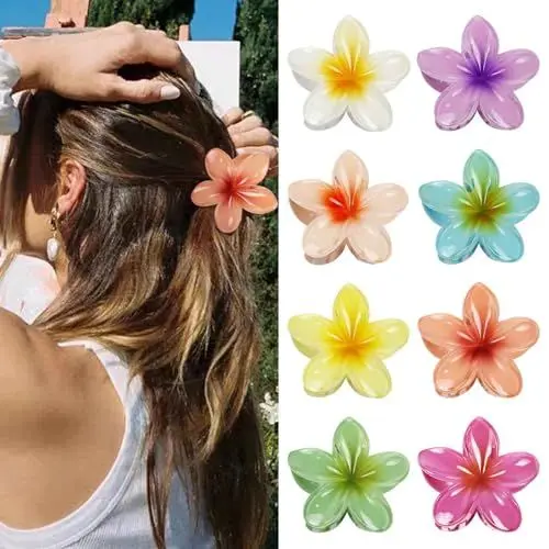 Produktbild: Kavya Kunststoff Blumen Haarklammer Groß 8 Stück, Blumen Spange Bunt Hawaii Blumenklammern - Schöne Karton Verpackt, Haarspange Damen & Mädchen Flower Hair Accessories