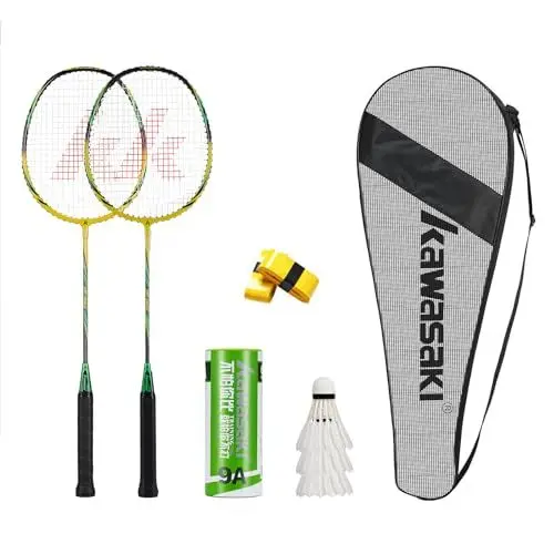 Produktbild: Kawasaki Badminton Set Mit 2 Schlägern, 3 Bällen und Tasche für Training und Sport - Gelb/Grün