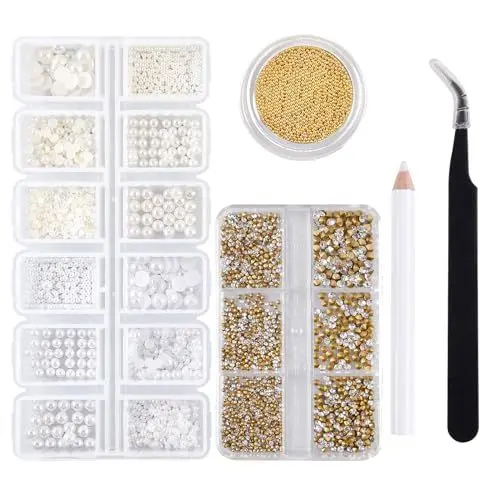 Produktbild: Kawyehu 3 Boxen Nail Art Strasssteine – Halbrunde Perlen und Strasssteine, weiße und beige Perlen und Kristall-Edelstein-Set mit Pinzette und Aufnahmestift, für Nail Art und DIY-Dekoration
