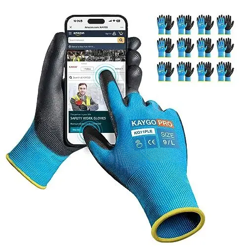 Produktbild: KAYGO 12 Paar Arbeitshandschuhe Touchscreen PU beschichtet Schutzhandschuhe, antirutsch Griff an Handflächen und Fingern, Geeignet für DIY allgemeine Arbeit Gartenarbeit (Blau, L, Gr 9)