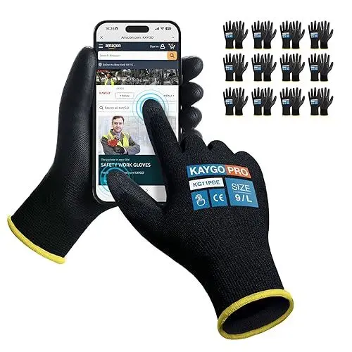 Produktbild: KAYGO 12 Paar Arbeitshandschuhe Touchscreen PU beschichtet Schutzhandschuhe, antirutsch Griff an Handflächen und Fingern, Geeignet für DIY allgemeine Arbeit Gartenarbeit (Schwarz, L, Gr 9)