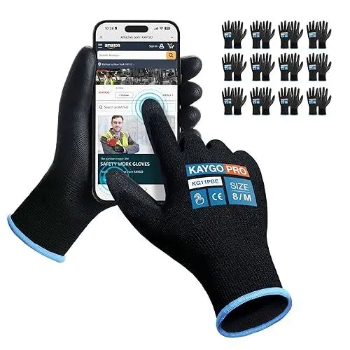 Produktbild: KAYGO 12 Paar Arbeitshandschuhe Touchscreen PU beschichtet Schutzhandschuhe, antirutsch Griff an Handflächen und Fingern, Geeignet für DIY allgemeine Arbeit Gartenarbeit (Schwarz, M, Gr 8)