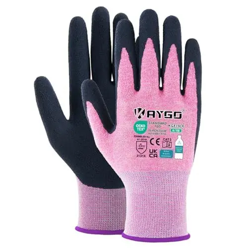 Produktbild: KAYGO 12 Paar Arbeitshandschuhe für Damen Atmungsaktiv Latex Beschichtete Frauen Gartenhandschuhe aus recyceltem Polyester, umweltfreundliche Schutzhandschuhe für Haus- Gartenarbeit (Rosa, XS, Gr 6)