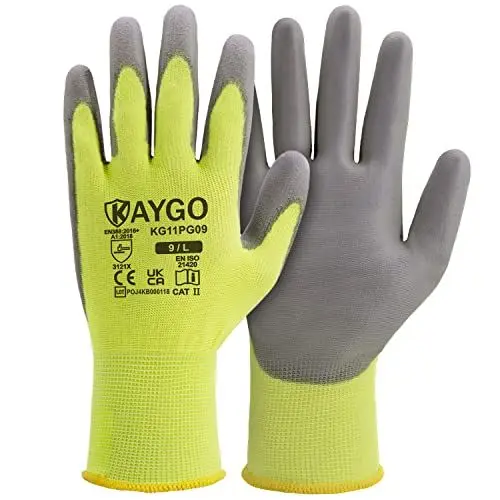Produktbild: KAYGO 12 Paar Arbeitshandschuhe für Herren Damen, PU beschichtet Schutzhandschuhe, antirutsch Griff an Handflächen und Fingern, Geeignet für DIY allgemeine Arbeit Gartenarbeit (Grün, L, Gr 9)