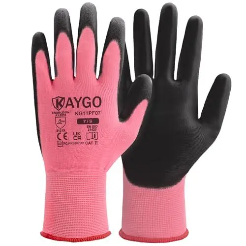 Produktbild: KAYGO 12 Paar Arbeitshandschuhe für Herren Damen, PU beschichtet Schutzhandschuhe, antirutsch Griff an Handflächen und Fingern, Geeignet für DIY allgemeine Arbeit Gartenarbeit (Rosa, S, Gr 7)