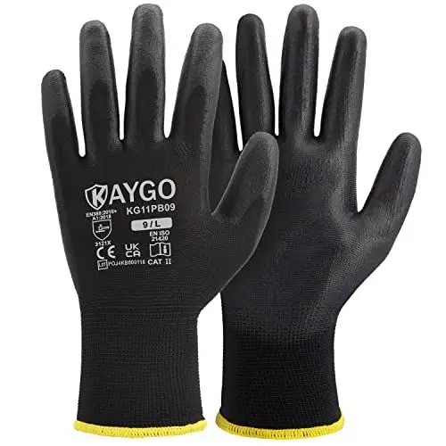 Produktbild: KAYGO 12 Paar Arbeitshandschuhe für Herren Damen, PU beschichtet Schutzhandschuhe, antirutsch Griff an Handflächen und Fingern, Geeignet für DIY allgemeine Arbeit Gartenarbeit (Schwarz, L, Gr 9)