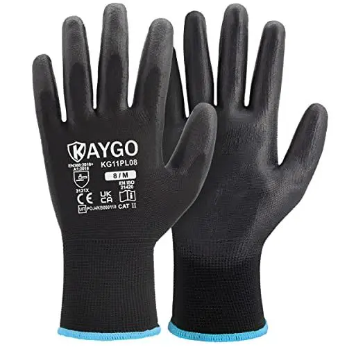 Produktbild: KAYGO 12 Paar Arbeitshandschuhe für Herren Damen, PU beschichtet Schutzhandschuhe, antirutsch Griff an Handflächen und Fingern, Geeignet für DIY allgemeine Arbeit Gartenarbeit (Schwarz, M, Gr 8)