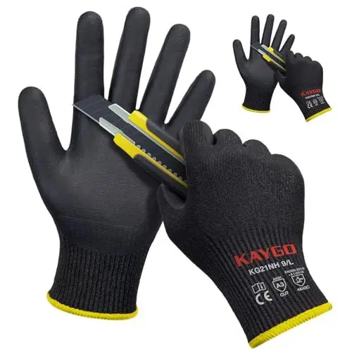 Produktbild: KAYGO 2 Paar Arbeitshandschuhe Schnittfest Level 5, KG21N, Nitril Beschichtet Rutschfester Griff, Maschine Waschbar, EN388 4X42C Schnittschutz Handschuhe für Schneiden, Lager, Bau (Schwarz, L, Gr 9)