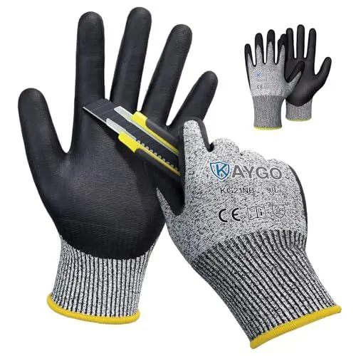 Produktbild: KAYGO 2 Paar Arbeitshandschuhe Schnittfest Level C, KG21N, Nitril Beschichtet Rutschfester Griff, Waschbar, EN388 4X42C Schnittschutz Handschuhe für Schneiden, Lager, Bau, Auto (Grau, L, Gr 9)