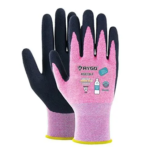 Produktbild: KAYGO 3 Paar Arbeitshandschuhe für Damen Atmungsaktiv Latex Beschichtete Frauen Gartenhandschuhe aus recyceltem Polyester, umweltfreundliche Schutzhandschuhe für Haus- Gartenarbeit (Rosa, M, Gr 8)