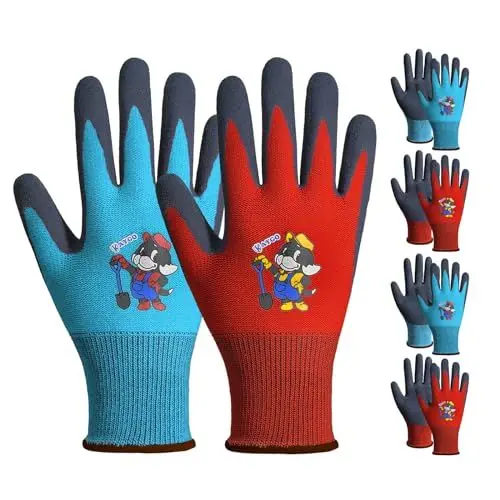 Produktbild: KAYGO 4 Paar Gartenhandschuhe Kinder 3-9 Jahre, Geschenk Box Kinder Arbeitshandschuhe mit Latex Sandige Beschichtung, Kinder Schutzhandschuhe für Garten und Hausarbeit, KGKID100 (3XS (Jahre 5-7))