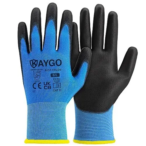 Produktbild: KAYGO Arbeitshandschuhe für Herren Damen 12 Paar, PU beschichtet Schutzhandschuhe, antirutsch Grip an Handflächen und Fingern, Geeignet für allgemeine Arbeit Lager DIY, KG11P (Blau, L, Gr 9)