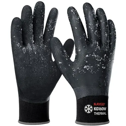 Produktbild: KAYGO Thermo Wasserdichte Arbeitshandschuhe, Gefüttert Kältebeständig, Doppel Latex Beschichtet, Isolierte Arbeitshandschuhe für Kühlhaus Winter Arbeit Garten (Schwarz, L, Gr 9, 1 Paar)