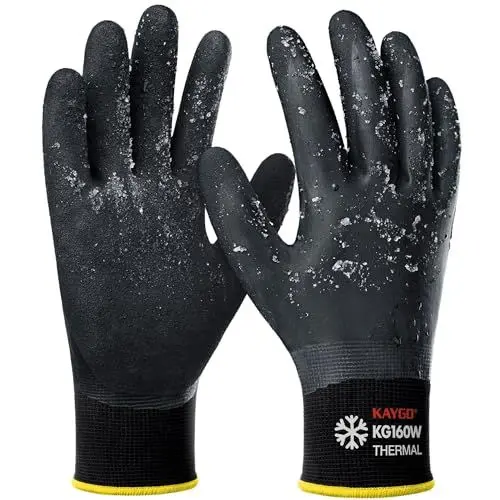 Produktbild: KAYGO Thermo Wasserdichte Arbeitshandschuhe, Gefüttert Kältebeständig, Doppel Latex Beschichtet, Isolierte Arbeitshandschuhe für Kühlhaus Winter Arbeit Garten (Schwarz, XL, Gr 10, 1 Paar)