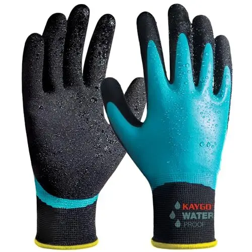 Produktbild: KAYGO Wasserdichte Arbeitshandschuhe für Herren und Damen mit Doppel Latex Beschichtung, Rutschfester Gut Grip für Garten Auto Waschen Fisch Reinigung (Blau, L, Gr 9, 1 Paar)