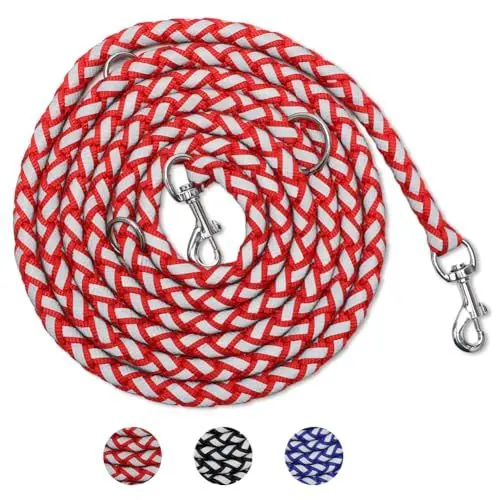Produktbild: Kayuneed Hundeleine mit reflektierenden Streifen - Nylon Doppelleine mit 2 Karabiner, hundeleine kleine Hunde leicht 2.5m Hundeleine mittelgroße Hunde, Führleine für Hunde, Extreme bis 200 kg(Rot)