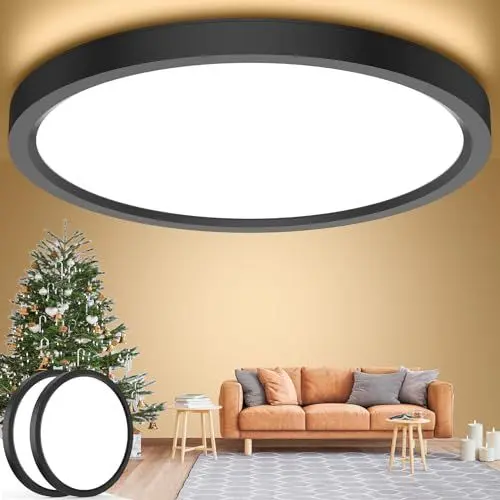 Produktbild: kazazoo (2 Stücke) Deckenlampe LED Deckenleuchte 18W, 4000K, IP44 Wasserfest Badezimmer Lampe, Ultra Dünn Ø23cm LED Panel, Schwarz Rund Flurlampe Ideal für Bad/Flur/Schlafzimmer/Keller/Balkon