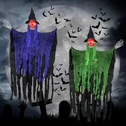 Produktbild: KBIBCK 2 Stück Halloween Deko Hexe, 110 cm Halloween Deko Geist mit Glühenden Roten Auge, Halloween Deko Outdoor, Halloween Hägende Skelett Geister Deko für Halloween Deko Outdoor Garden Party