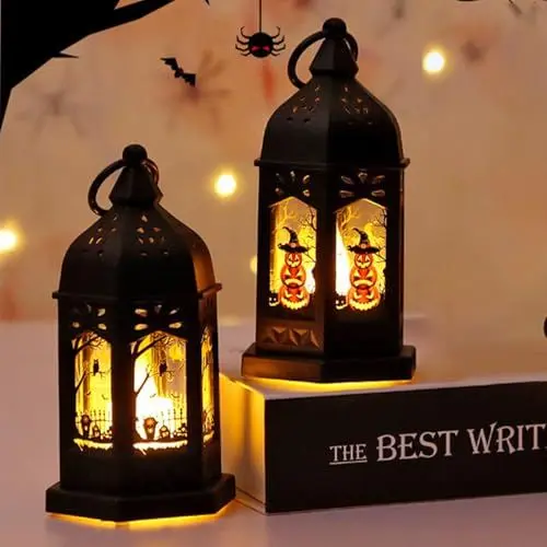 Produktbild: KBIBCK 2 Stück Halloween Deko Kerzenlaterne, Laterne Schwarz Halloween Deko, Halloween Kerzenlaterne, LED Kürbis Laterne, Halloween LED Kerzenlaterne, Herbstdeko Laterne Kerzen für Ramadan, Garten