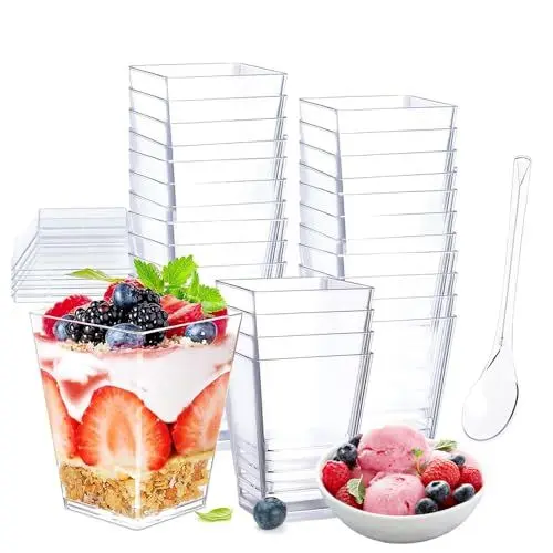Produktbild: KBIBCK 30 Stück Dessertgläser Plastik, 5oz/150 ml Dessertbecher mit Löffeln, Plastik Dessertbecher, Dessertbecher Plastik, Quadratischer dessertbecher, Mini Desserttasse Für DIY Desserts Wie Mousse