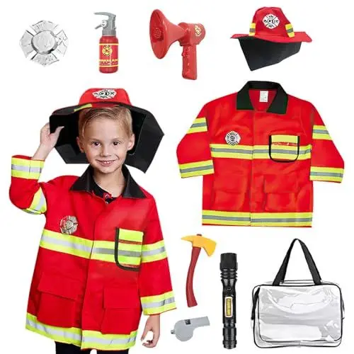 Produktbild: KBIBCK 9 teiliges Feuerwehrmann Kostüm, Feuerwehr Kostüm Kinder, Feuerwehr Kostüm Set, Kostüm Feuerwehrmann Kinder mit Feuerlöscher Axt Feuerwehrmann Spielzeug für Jungen Mädchen Karneval Halloween