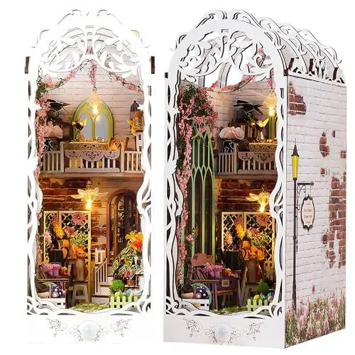 Produktbild: KBIBCK DIY Book Nook Kit, DIY Gartenhaus Miniatur, 3D Puzzle Buchstützen aus Holz, DIY Miniatur Haus mit LED Leuchten und Möbeln, Puppenhäuser Miniatur Haus Kit Modellbausätze für Erwachsene zum Bauen