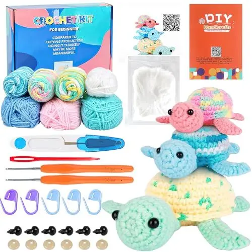 Produktbild: KBIBCK Häkelset für Anfänger,3 Stück Schildkröte Familie Häckeln Stricken Set, Stricken für Anfänger Set, Komplettes Häkelset Tiere mit Schritt-für-Schritt-Video-Anleitungen für Erwachsene Kinder