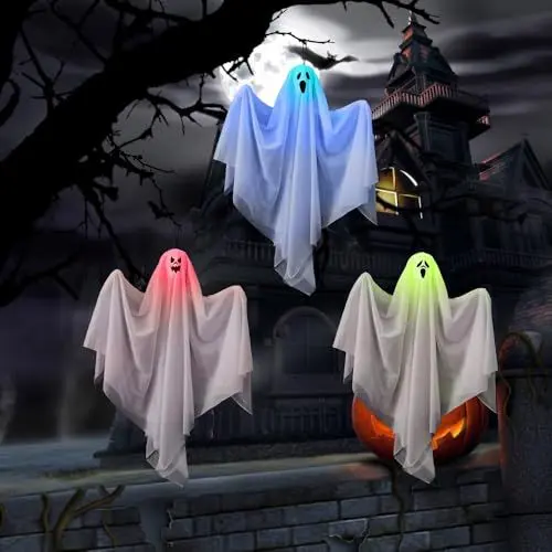 Produktbild: KBIBCK Halloween Deko Hängender Geist, Hängender Leuchtende Geist, Weißer Geist Hängedekoration, Halloween Hängend Deko Fliegendes Geist für Vorgarten Patio Rasen Garten Party Dekor