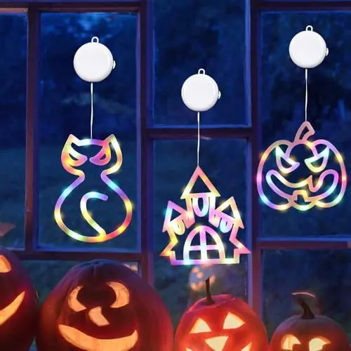 Produktbild: KBIBCK Halloween Lichterkette, 3 Stück Halloween Deko Fenster Lichter, Halloween Fensterlichter mit Saugnapf, Buntes Kürbis, Katze, Schloss,Batteriebetriebene für Fenster Innen Außen Party Dekorations
