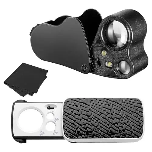 Produktbild: AEUZWR Juwelier Lupe, 2 Stück Juwelierlupe, Schmuck Lupe, Taschenlupe, Lupe mit UV Schwarzem Licht und Hellem LED Licht für Diamanten, Edelsteine, Münzen, Antiquitäten, Modelle, Fotos, 30 X 60 X 90