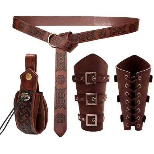 Produktbild: KBIBCK Mittelalter Kleidung für Damen Herren Accessoires Set, 4PCS Halloween Nekromanten Anzug,Mittelalter Armschienen Gürteltasche Gürtel,Mittelalter Kleidung Zubehör für Wikinger Piraten Renaissance