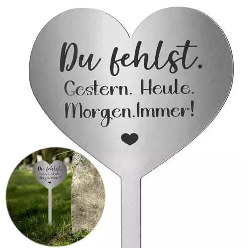 Produktbild: KBIBCK Photect Grabstecker Edelstahl Herz mit Spruch du Fehlst.GESTERN. Heute. Morgen. Immer!, Herz Grabdekoration, Grabdekoration Wetterfest, Grabschmuck aus Edelstahl
