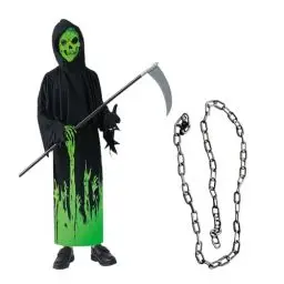 Produktbild: KBIBCK Sensenmann Kostüm Kinder mit Sense & Taillenkette,Deluxe Glow in The Dark Halloween Kostüm Jungen Sensenmann Gruselig Grim Reaper Costume für Halloween Karneval Fancy Dress(M,120-130cm)