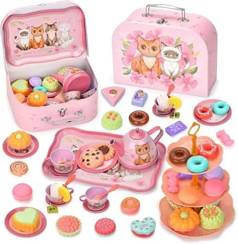 Produktbild: KBIBCK Teeservice Kinder, 50 teiliges Prinzessin Spielen Tee Set, Spielküche Zubehör, Teeservice Kinder schneeprinzessin Spielzeug für kleine, mit Dessert Rollenspiele für 3 4 5 6 7 Kinder Mädchen