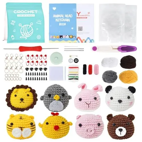 Produktbild: KBRAKSI 8PCS Häkelpaket für Anfänger Tier Häkeln Set für Anfänger Häkelnadel Set mit Schritt-für-Schritt-Anleitungsvideo Tiere Kreativ Strickset Bastelset für Erwachsene Kinder Geschenk