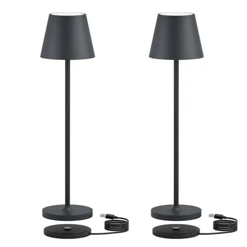 Produktbild: K-Bright 2 Stück 27.5cm led tischlampe | Indoor & Outdoor kleine Akku Tischleuchte | Warme Lichtfarbe | IP54 wasserdicht | mini tischleuchte akku mit USB Ladestation | Anthrazit