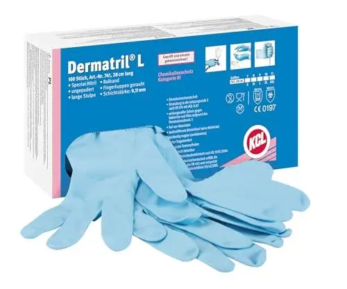 Produktbild: KCL Dermatril® L 741 Einweghandschuhe für Rechts- und Linkshänder, Nitril, Wasserdicht, Geeignet für die Lebensmittel-/Chemieindustrie, Blau, Größe 11XXL, 074111081C (Schachtel mit 100 Stück)
