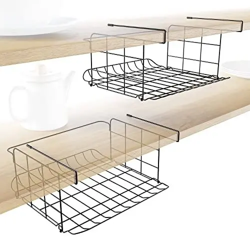Produktbild: 2× Unterregal und Aufbewahrungskorb, Gitter-Design – Allround-Organizer & praktischer Hängekorb für Küche & Vorrats-Schrank (hygienisch zu reinigen) oder Büro, aus Metall für Regalböden KD Essentials