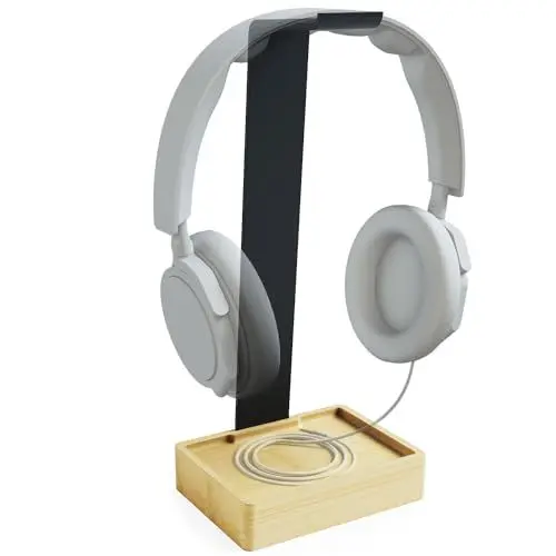 Produktbild: KD Essentials – Headset Ständer & Kopfhörer Halter, plastikfrei aus extrem stabilem Metall und Bambus – praktische Halterung schont das Headset und sorgt für mehr Ordnung auf dem Schreibtisch