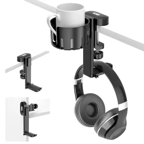Produktbild: KDD 2-in-1 Headset Halterung mit Desktop Becher Halter - Desktop unter Clip schwenkbarer Kopfhörer Halterung -Headset Halter für Kaffeetassen, Becher und Kopfhörer（Schwarz）