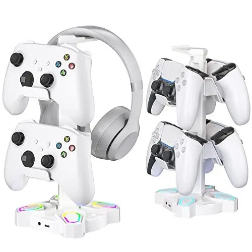 Produktbild: KDD Controller Halter, Headset und Controller Halterung mit 9 Lichtmodi, Drehbarer Kopfhörer Ständer mit 2 USB Anschlüsse, Typ-C Anschluss & 3,5mm AUX, Gaming Kopfhörerhalter für Tisch Gamer -Weiß
