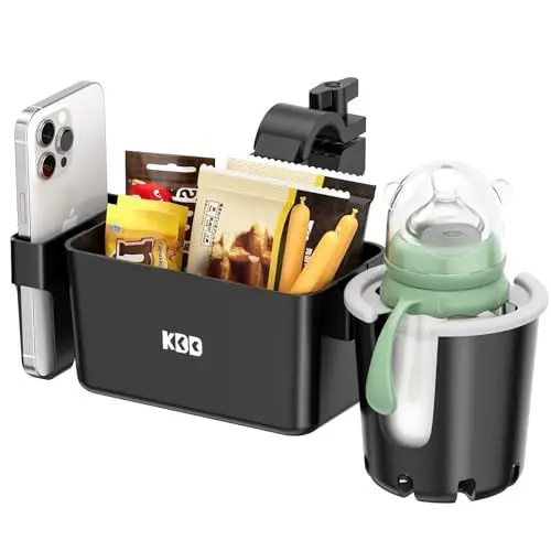 Produktbild: KDD Getränkehalter Kinderwagen mit Snack Tablett, 3-in-1 Universal Becherhalter Kinderwagen mit Handyhalterung, Abnehmbarer Flaschenhalter, 360°Drehung für ABC Design Cybex Rollstuhl Fahrrad Rollator