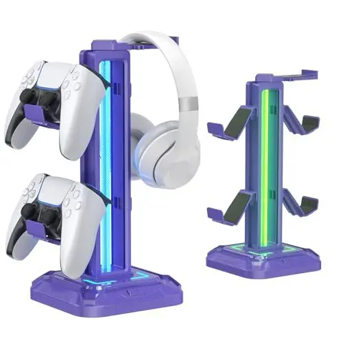 Produktbild: KDD Headset Halterung mit 9 Lichtmodi - Controller Halter Schreibtisch - Drehbarer Gaming Kopfhörer Ständer & Abnehmbarer Controller Haken für Gamer PC Xbox ONE PS5 Gaming Zubehör (Lila)